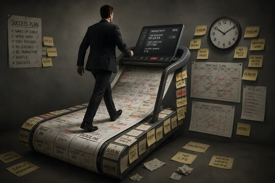 Businessman walking on treadmill made of endless paperwork representing workload stress