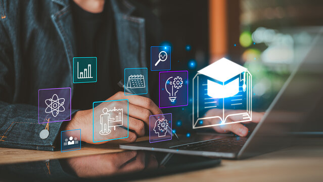 Education specialist using online learning technology with digital courses, e learning platform, knowledge management, professional training, remote education, and smart classroom solutions.