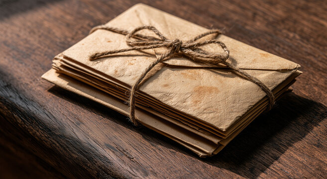 Stack of Old Vintage Letters Tied with String on Wood Table
