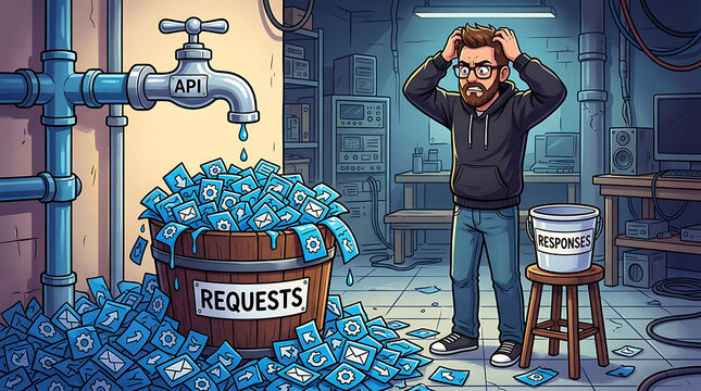 Rate limiting API faucet barely dripping requests bucket overflowing frustrated person empty responses bucket