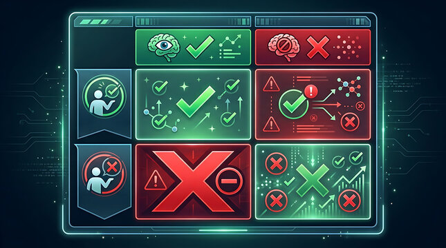 Confusion matrix grid predicted yes green no red actual yes no false negative minus sign icon