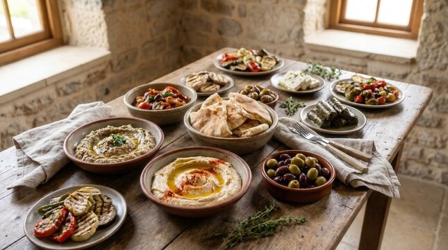 Rich Mediterranean mezze spread on rustic table. Hummus, baba ghanoush, pita, olives, dolmades, grilled vegetables. Healthy, shared, traditional dining.