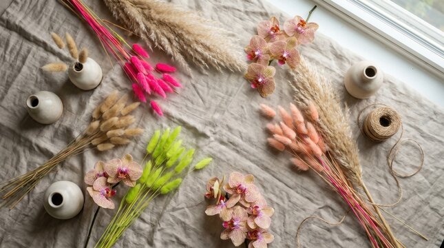 Pampas grass, bunny tails, and Phalaenopsis orchids on linen. Used for modern home decor, crafting, and styling.