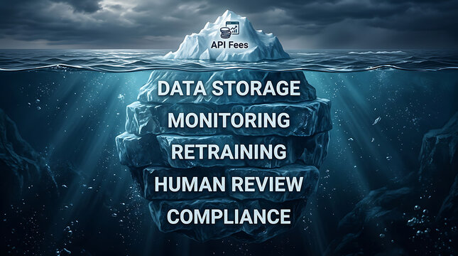 Hidden costs iceberg above water API fees visible below water data storage monitoring retraining compliance