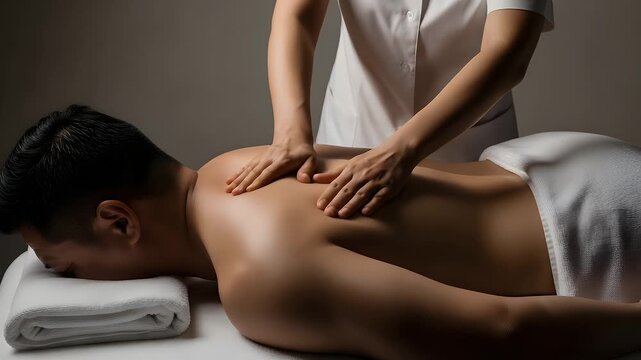 Young man receiving a deep tissue back massage from a professional therapist for ultimate relaxation and effective stress relief in a tranquil spa environment.
