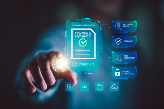 A compliance officer performs digital document verification and data validation to ensure secure approval workflows, regulatory compliance, identity authentication, document review, fraud prevention
