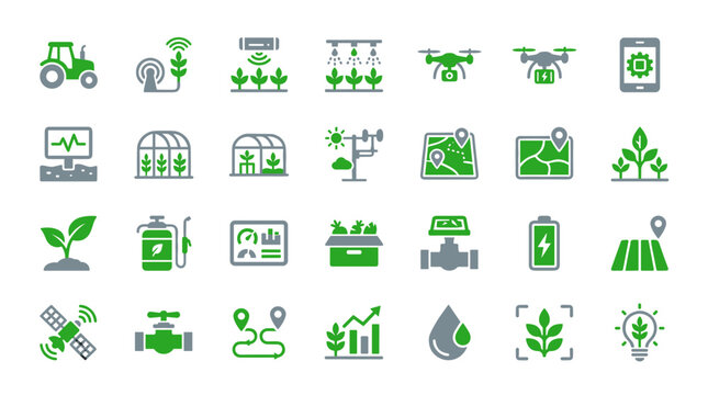 Comprehensive collection of smart agriculture and precision farming technology icons for modern agribusiness