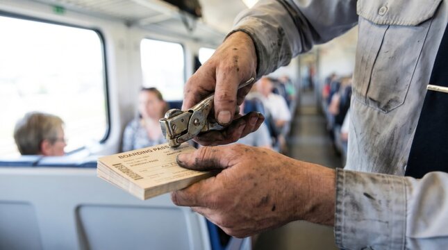 Train conductor with dirty hands punching a paper boarding pass with a metal hole puncher