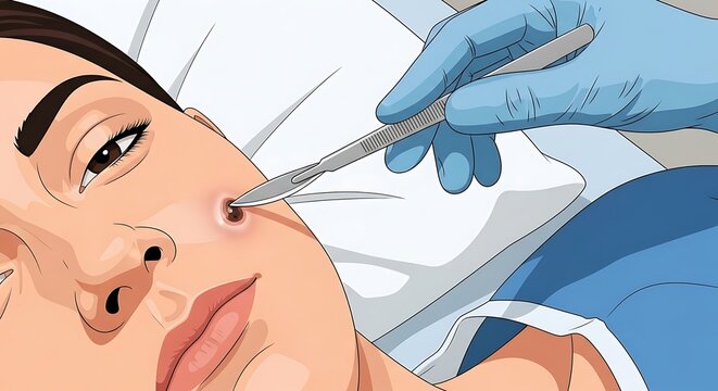 Vector illustration of a surgical mole removal procedure being performed with a scalpel by a professional dermatologist.
