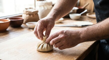 Fototapeta premium Chef hands carefully folding and pinching the top of a traditional large meat dumpling from raw dough