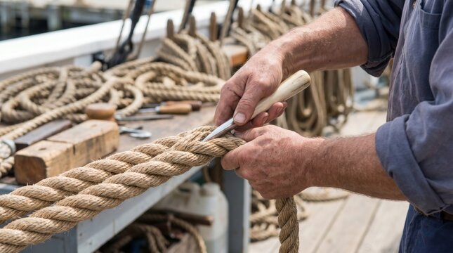 Sailor hands using a wooden fid tool to weave and splice a thick natural fiber nautical rope