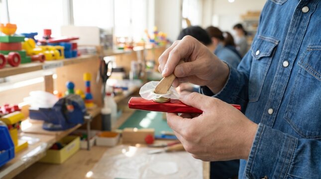 Craftsperson assembling a red metal kazoo by carefully pressing the delicate paper membrane into place