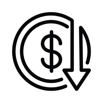 Us dollar coin with downward arrow icon devaluation business decrease financial reduction currency recession