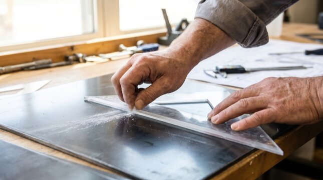 Craftsman hands using a clear plastic set square and a scriber tool to mark lines on a metal sheet