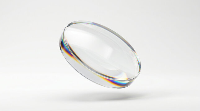 Transparent convex glass lens floating on white background.