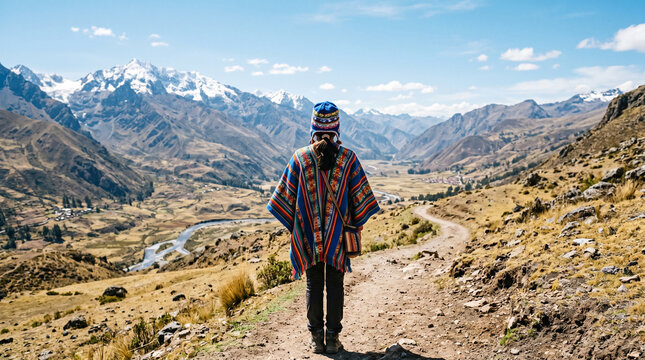 Traveler wearing traditional Andean poncho walking on mountain trail towards peaks.