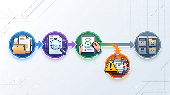 Process map input documents AI extraction magnifying glass human validation checkmark exception warning archive