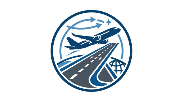 Airplane taking off from an airport runway circular logo design