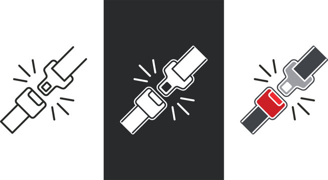 Safety seatbelt icon set showing buckled straps in line art silhouette and color variations.