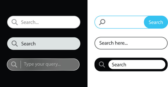 Search bar vector set with magnifying glass icon and text fields for website or application interfaces.
