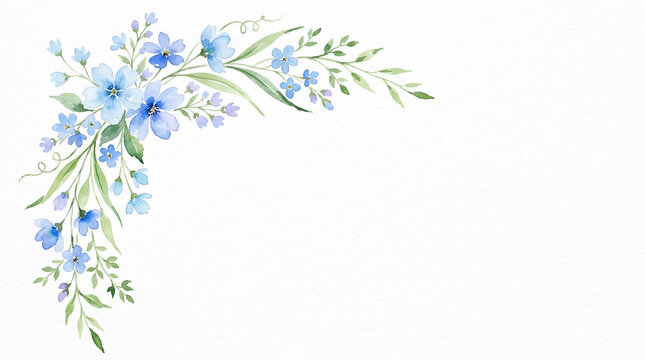 Watercolor blue floral corner frame with green leaves on white background