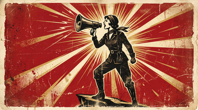 Vintage style propaganda poster featuring a woman shouting through a megaphone.
