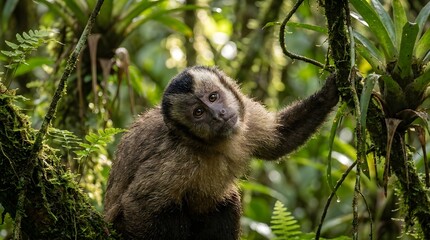 Fototapeta premium Monkey hanging from tree branch jungle.