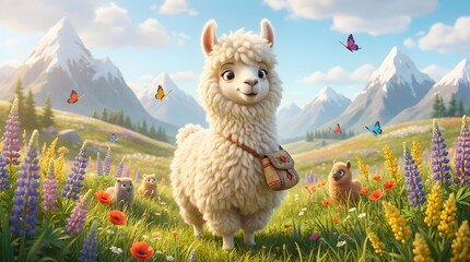 Fototapeta premium 3D Cartoon Llama Character in Mountain Meadow