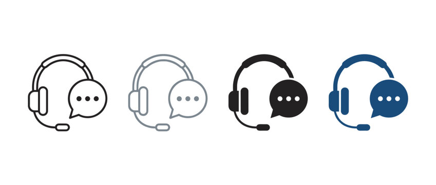 Set of four headset icons with chat bubble symbolizing customer support communication and assistance service