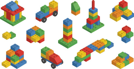 Naklejka premium Colorful Building Blocks Toys Displayed in Various Arrangements
