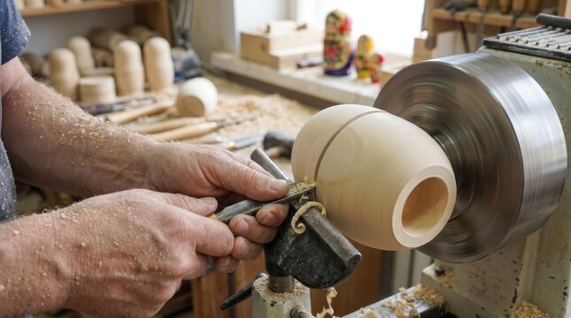 Carpenter using a gouge tool to shape a round wooden object on a spinning lathe