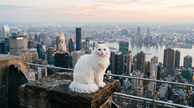 White fluffy cat sits on a stone ledge overlooking a New York City skyline.