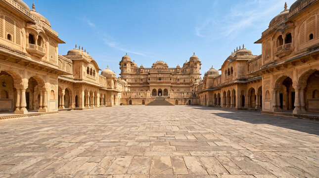 Wide courtyard view of an ancient Indian palace under clear sky.