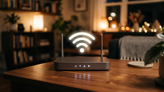 Wireless wifi router on wooden table with glowing signal icon in cozy room.