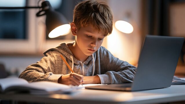 Boy studying at home using laptop and writing in notebook