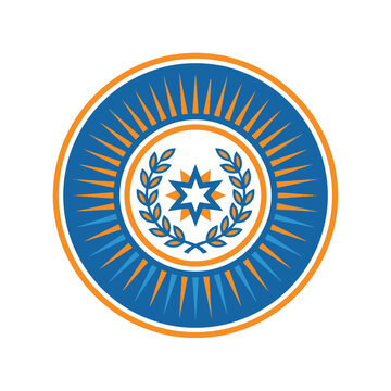 Circular sunburst seal with star and wreath.