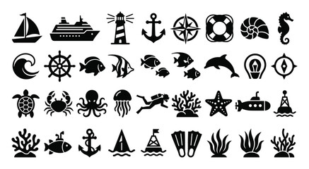 Set of black nautical and marine icons including ships, lighthouse, anchor, sea animals, diver, coral, and maritime symbols on transparent background © Kateryna
