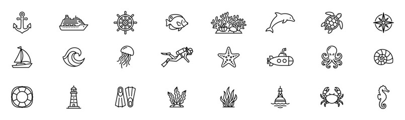 Set of marine and ocean themed line icons including anchor, ship, helm, fish, coral, dolphin, turtle, compass, sailboat, wave, jellyfish, diver, starfish, submarine, octopus on transparent background © Kateryna