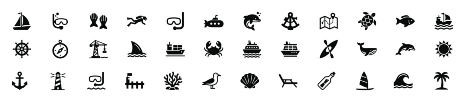 Set of nautical and marine icons including boats, diving equipment, sea creatures, navigation tools, and beach symbols on transparent background