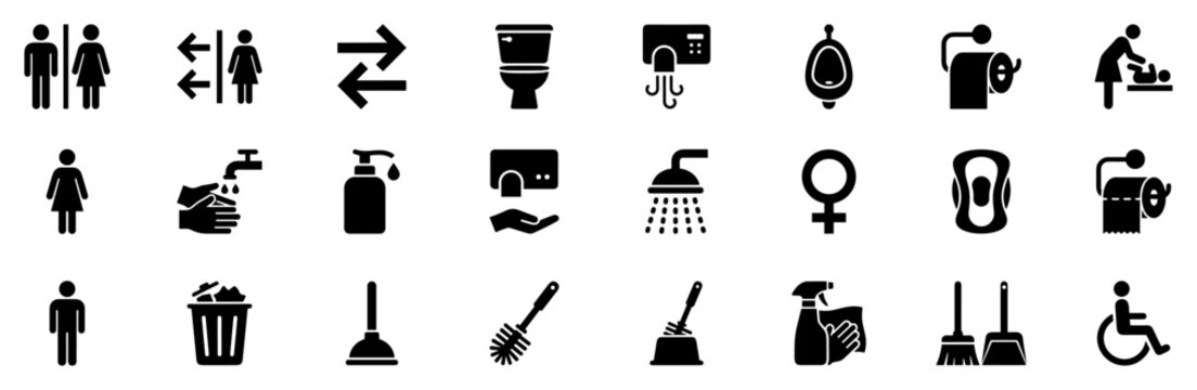 Collection of black bathroom and hygiene icons including male female signs, toilet, urinal, hand washing, shower, cleaning tools, and accessibility symbols on transparent background