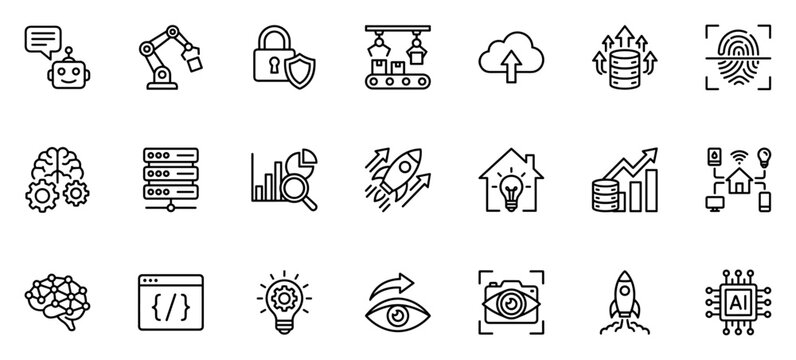 Set of linear technology and innovation icons including robot chat, automation arm, security lock, cloud upload, database, fingerprint scan, brain gears, data analysis on transparent background