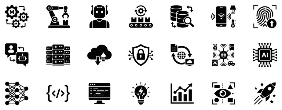Set of modern technology icons including automation, robotics, artificial intelligence, cloud computing, security, coding, and data analytics on transparent background