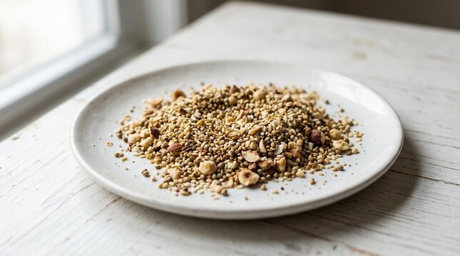Egyptian Dukkah Nut and Spice Blend on White Plate Macro Texture | Middle Eastern Condiment Stock Photo