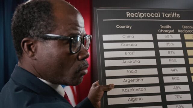 Adult Black politician pointing at reciprocal tariffs board and speaking at press conference. Footage is suitable for economic news broadcasts and international trade videos, close up shot