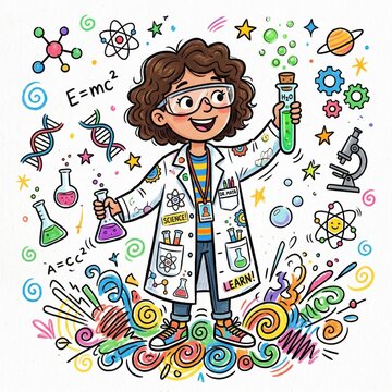 Young scientist girl in lab coat with beakers and formulas during colorful discovery