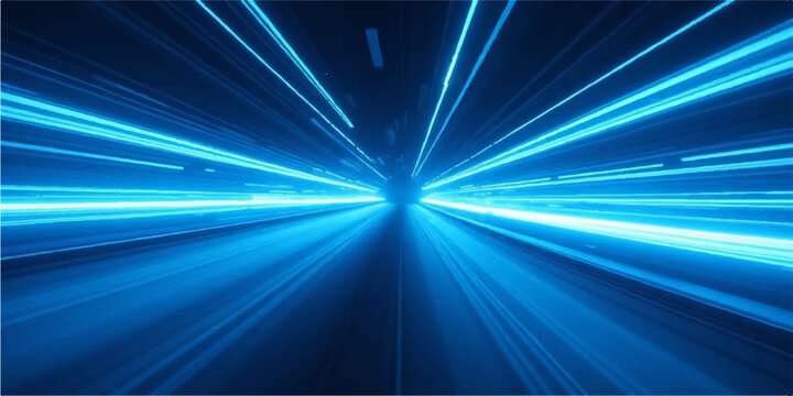Abstract electric blue light trails zooming into perspective on dark background