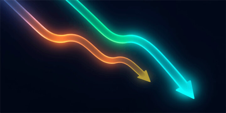 Abstract financial loss chart with glowing neon blue and orange arrows pointing down on dark background