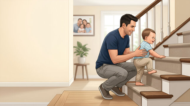 Father helping his toddler son climb the stairs at home illustration.