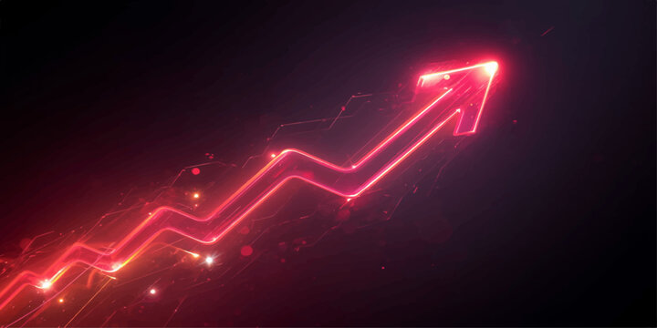 Abstract financial growth chart with glowing neon red upward arrow on dark background
