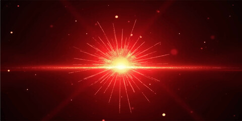 Fototapeta premium Abstract red starburst with vibrant lens flare and radiating light rays on dark background